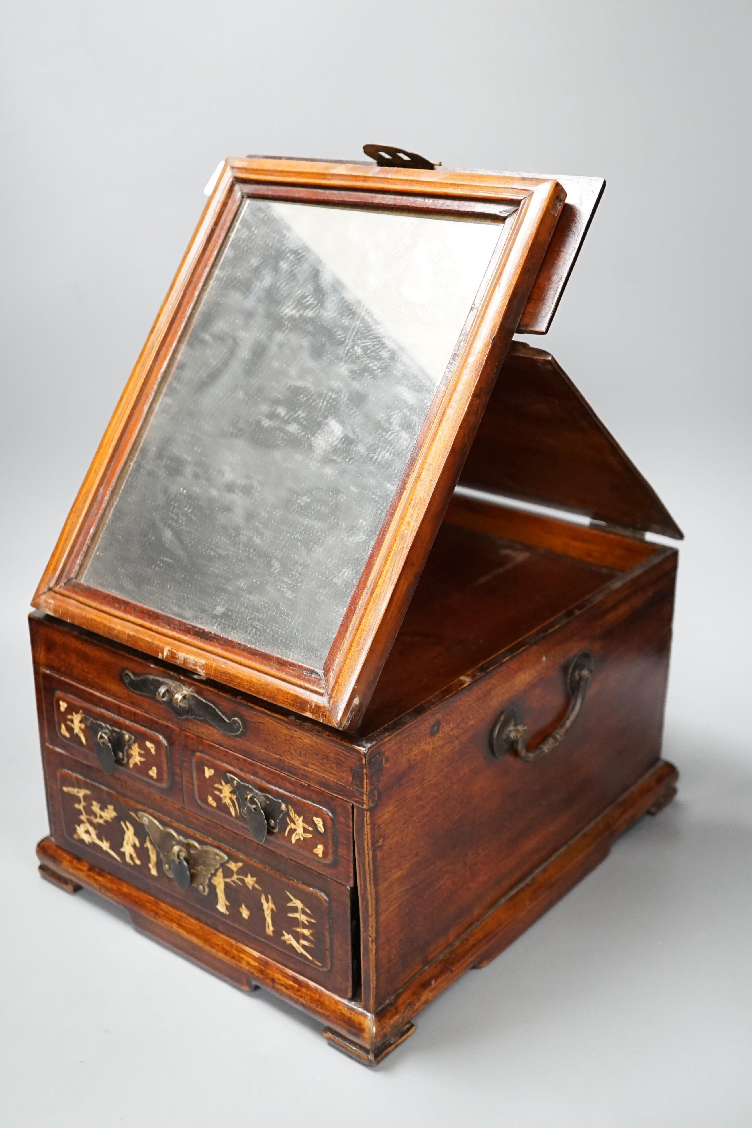 A late 19th century Chinese hardwood and bone inlaid jewellery box. 18.5cm tall